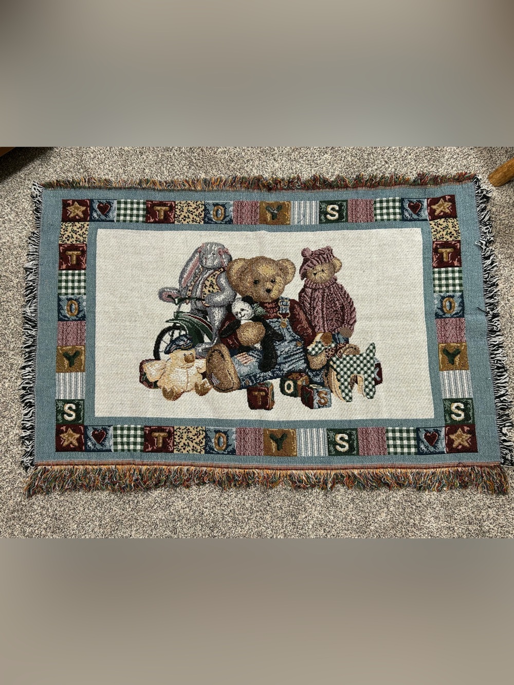 Vintage Blue Jean Teddy Bear Woven Throw Blanket